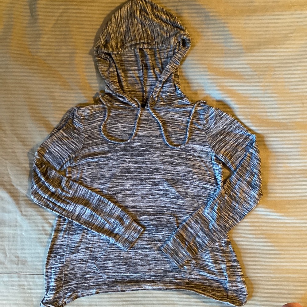 Hooded,  pullover with open, criss cross back